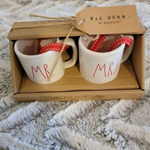 NIB Rae Dunn Mrs. & Mrs. Mini Mugs Christmas Ornaments Ceramic Farmhouse